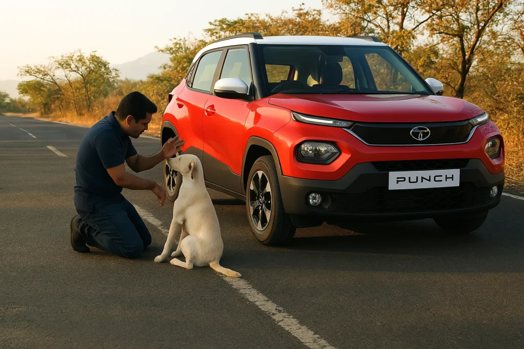 tata punch road in red clur with a person and dog setting tata punch road in red clur with a person and dog setting