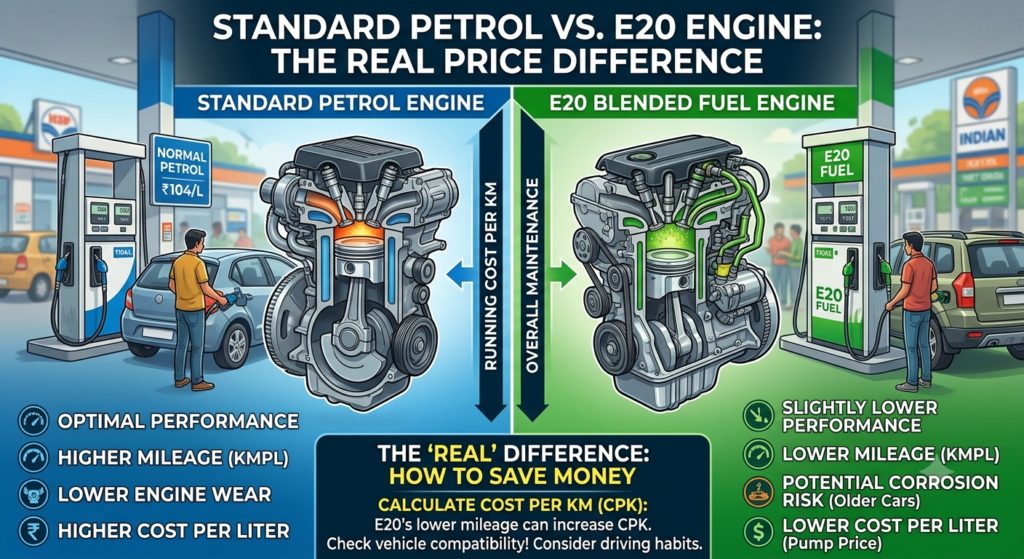 Infographic comparing standard and E20 engines in India Infographic comparing standard and E20 engines in India, showing differences in mileage, performance, and running costs