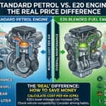 Infographic comparing standard and E20 engines in India, showing differences in mileage, performance, and running costs